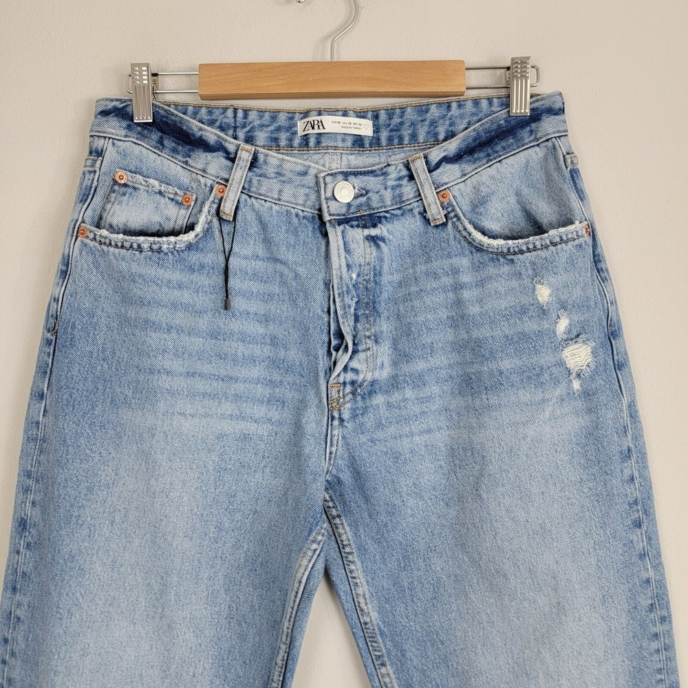 Zara Jeans Womens 32 Blue Denim Button Fly Light Wash Distressed Pockets Hi Rise - Picture 3 of 12